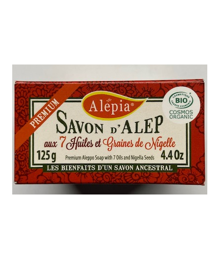 Savon D’ALEP Premium (125g) AUX 7 HUILES ET GRAINES DE NIGELLE Alepia